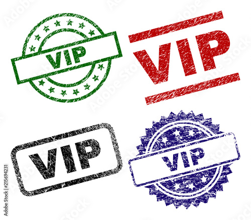 VIP seal stamps with corroded texture. Black, green,red,blue vector rubber prints of VIP tag with corroded texture. Rubber seals with round, rectangle, medallion shapes.