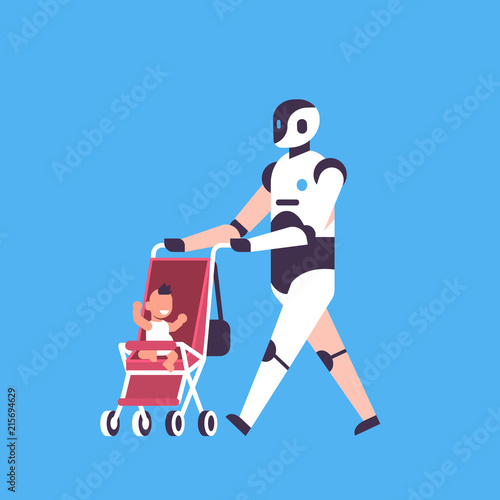 Modern robot babysitter walking stroller helper bot artificial intelligence technology concept blue background flat vector illustration