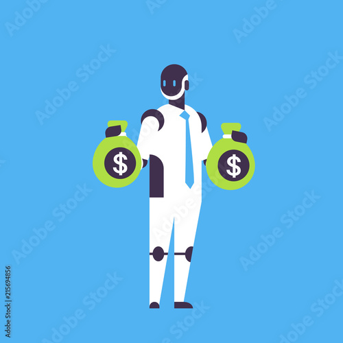 robot financial dollar consultant holding money bags bot helper growth wealth concept artificial intelligence blue background flat full length vector illustration
