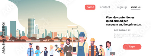 People different occupations stay together over cityscape background flat portrait horizontal banner copy space vector illustration