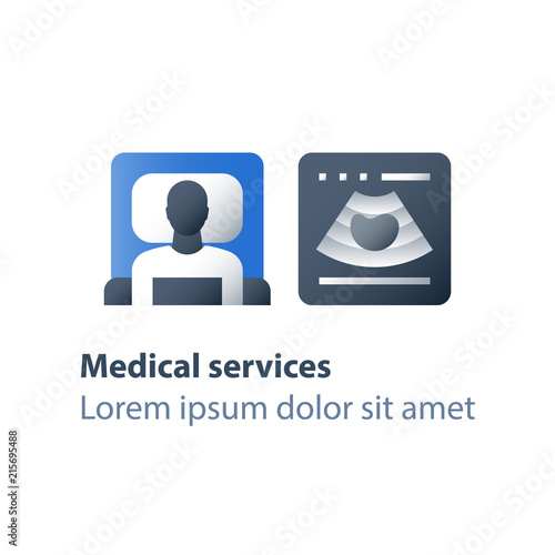 Medical examination, ultrasound investigation, ultrasonography concept, focused abdominal sonogram for trauma, health check up