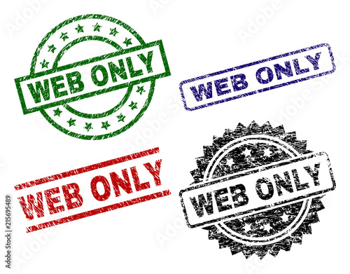 WEB ONLY seal prints with damaged texture. Black, green,red,blue vector rubber prints of WEB ONLY text with retro texture. Rubber seals with circle, rectangle, rosette shapes.