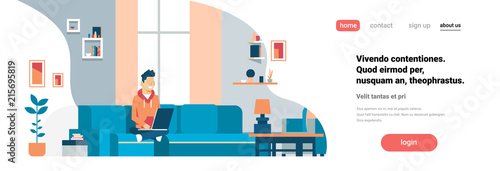 man using laptop living room interior home modern apartment male relax concept flat horizontal banner copy space vector illustration