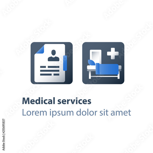 Stationary therapy, cot in ward, hospital bed, medical attendance, hospitalization and treatment, surgery room
