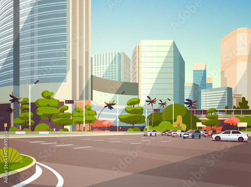 City car parking over skyscraper buildings modern cityscape background horizontal flat vector illustration