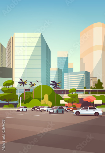City car parking over skyscraper buildings modern cityscape background vertical flat vector illustration