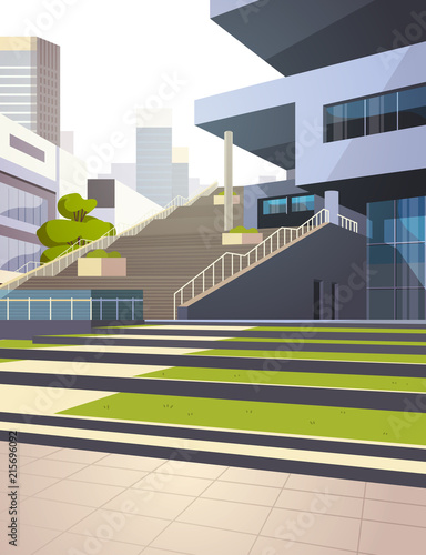 modern office building stairs exterior view over skyscraper buildings cityscape background vertical flat vector illustration