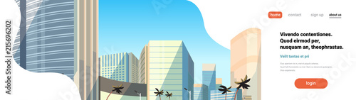 skyscraper buildings view modern cityscape downtown horizontal banner copy space flat vector illustration