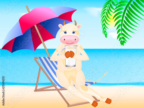 Happy cartoon cow with glass of milk sitting on the chaise-longue on a coastline. Vector illustration