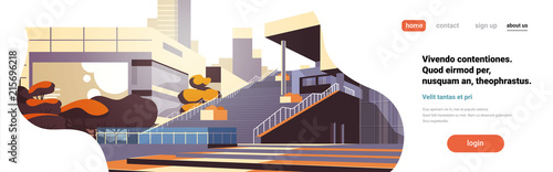 modern office building stairs exterior view over skyscraper buildings cityscape background horizontal banner copy space flat vector illustration