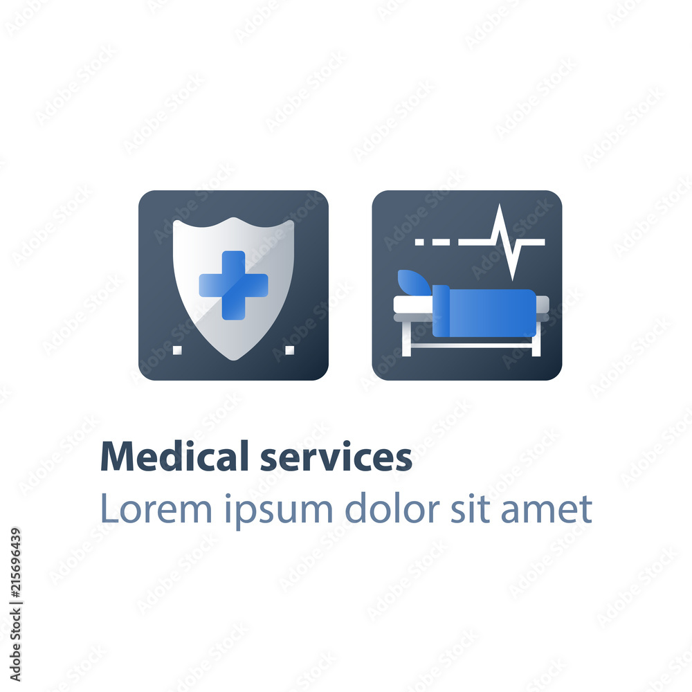 Stationary therapy, cot in ward, hospital bed, medical attendance, hospitalization and treatment, surgery room Stationary therapy, cot in ward, hospital bed, medical attendance, hospitalization and treatment, surgery room