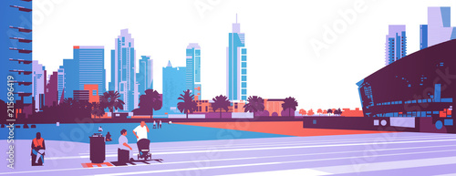 people walking relax concept over skyscraper buildings modern cityscape background flat horizontal banner vector illustration