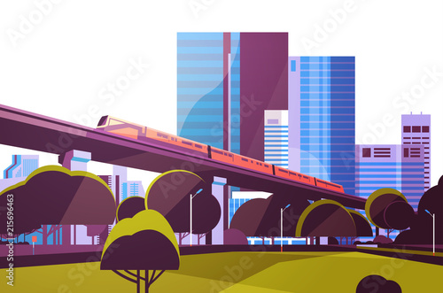 Subway monorail over city skyscraper view cityscape background skyline flat horizontal vector illustration