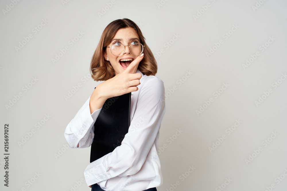 business woman shows fingers to the place free business woman shows fingers to the place free