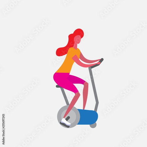 Fototapeta kobieta trening ćwiczenia rower jazda stacjonarny rower postać z kreskówki sport kobiece działania na białym tle zdrowy styl życia koncepcja pełnej długości płaskiej ilustracji wektorowych