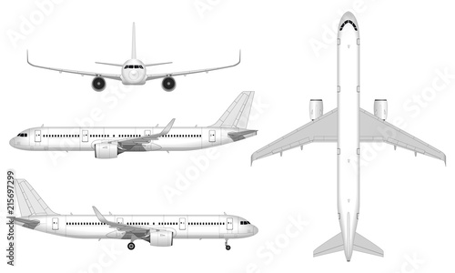 realistic big passenger airplane. view from above; front view; side view.