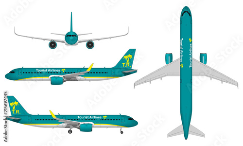 realistic big passenger airplane. view from above; front view; side view.
