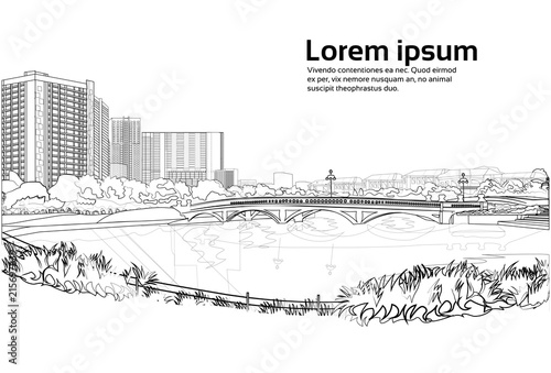 stone bridge over river cityscape white background city buildings landscape view horizontal copy space vector illustration