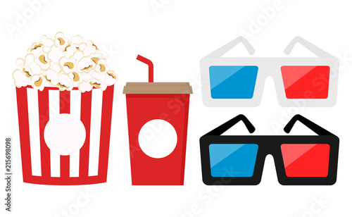 White and black 3d cinema glasses cartoon.  Popcorn in red paper box. Soda in red paper cup. Cinema clipart cartoons set.