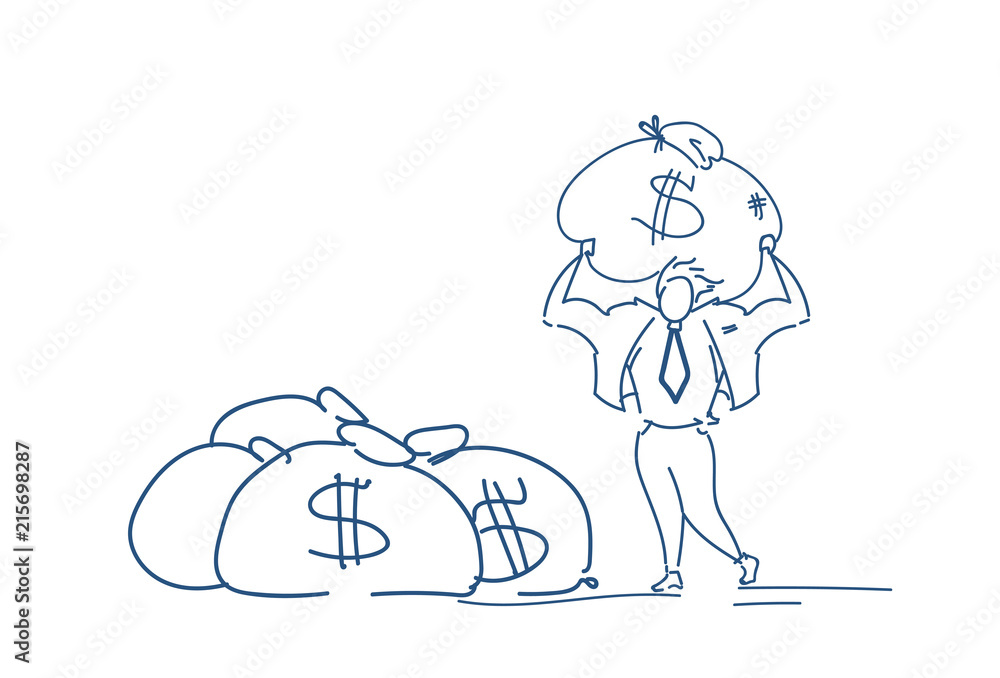 Businessman hold money bag dollar growth wealth concept successful strategy male silhouette sketch doodle horizontal vector illustration Businessman hold money bag dollar growth wealth concept successful strategy male silhouette sketch doodle horizontal vector illustration