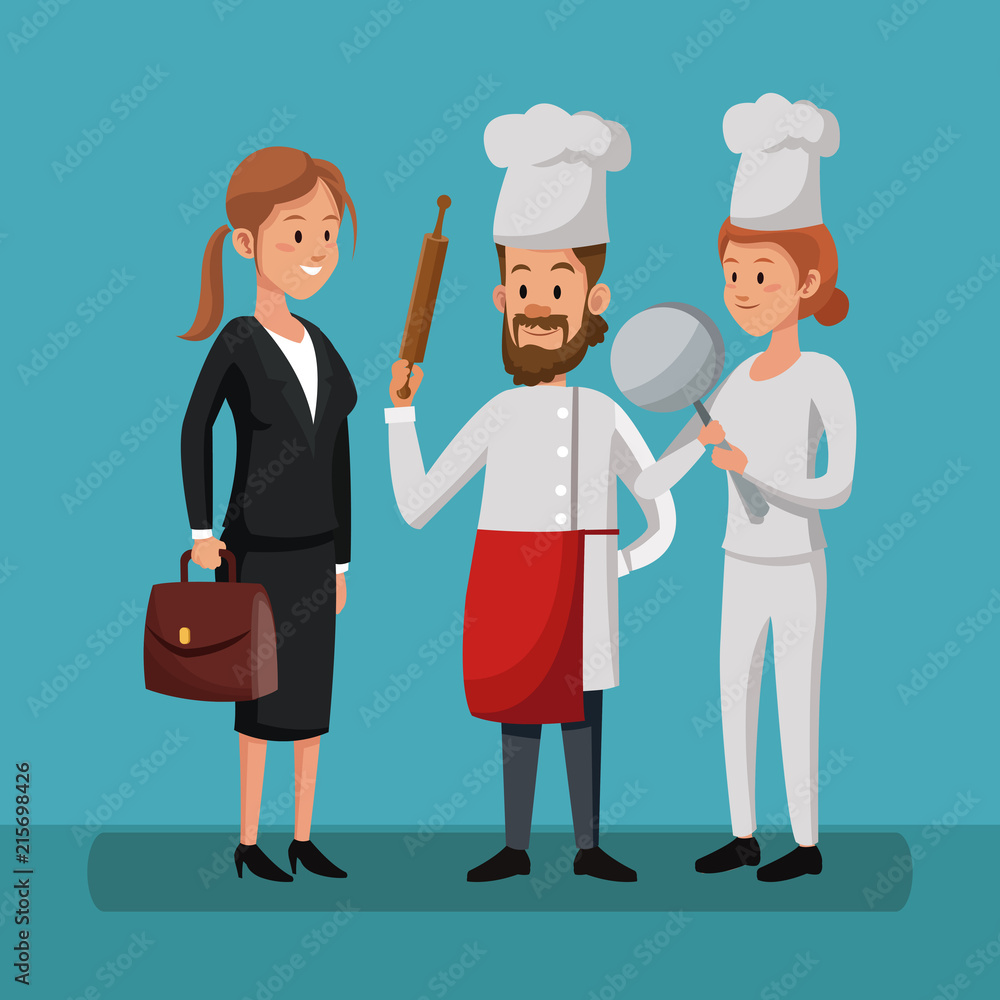 Businesswoman and chefs team cartoons vector illustration graphic design Businesswoman and chefs team cartoons vector illustration graphic design