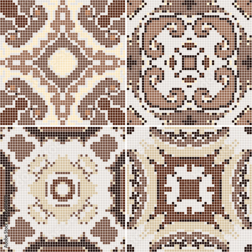 A collection of ceramic tiles in brown retro colors. A set of square patterns in ethnic style. Vector illustration.