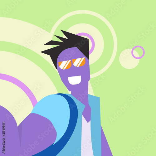 violet cartoon character man doing selfie green background glasses fabulous personage party concept flat vector illustration