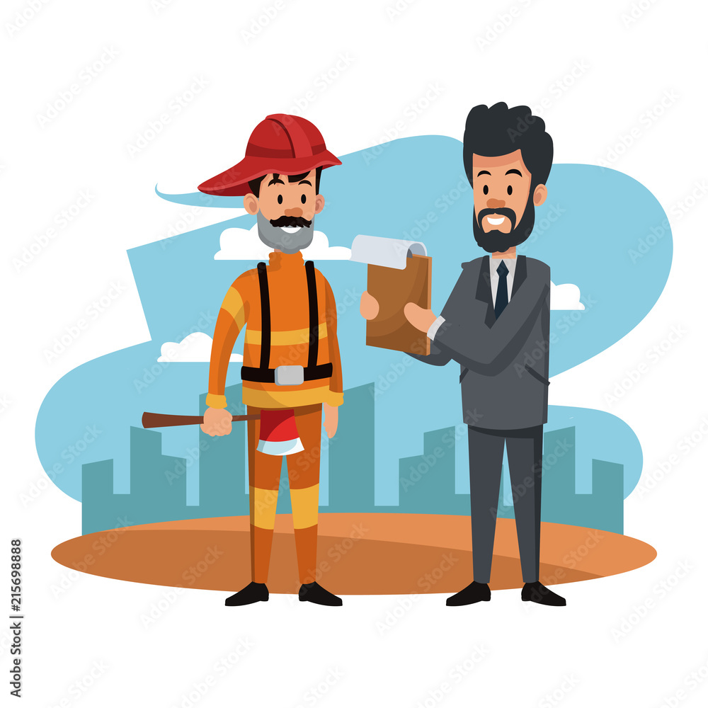Firefighter and businessman with clipboard at city vector illustration graphic design Firefighter and businessman with clipboard at city vector illustration graphic design
