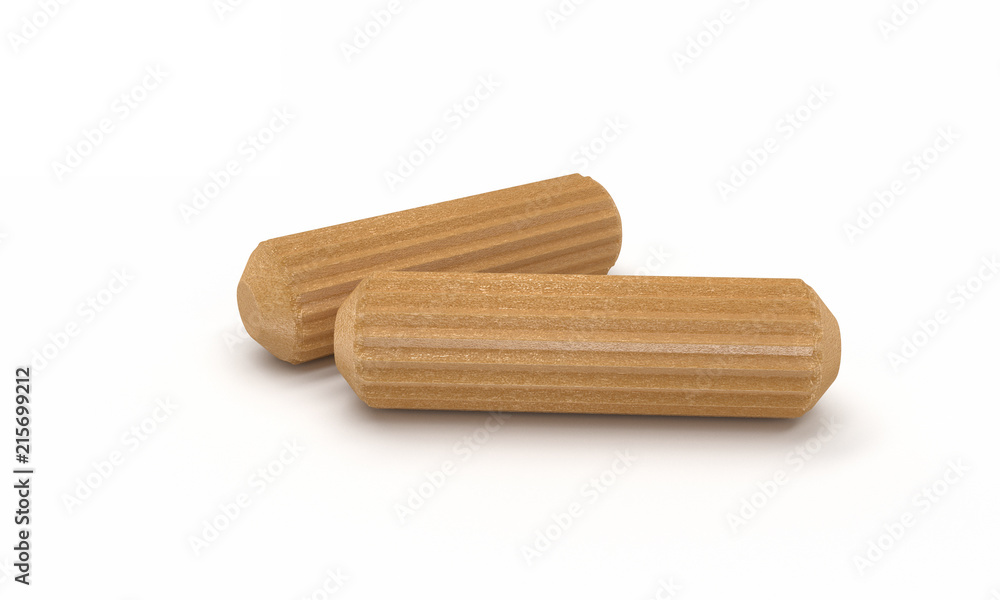 3D realistic render of two wooden dowel. Isolated on white background. 3D realistic render of two wooden dowel. Isolated on white background.