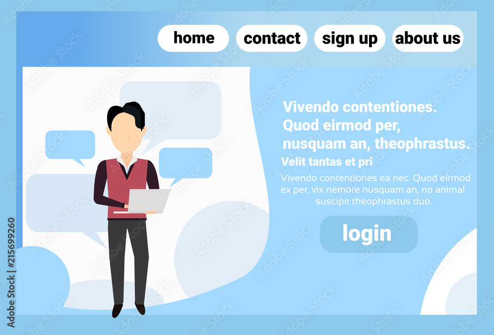 brunette man using tablet chat bubble standing pose online communication faceless silhouette male cartoon character full length copy space horizontal flat vector illustration