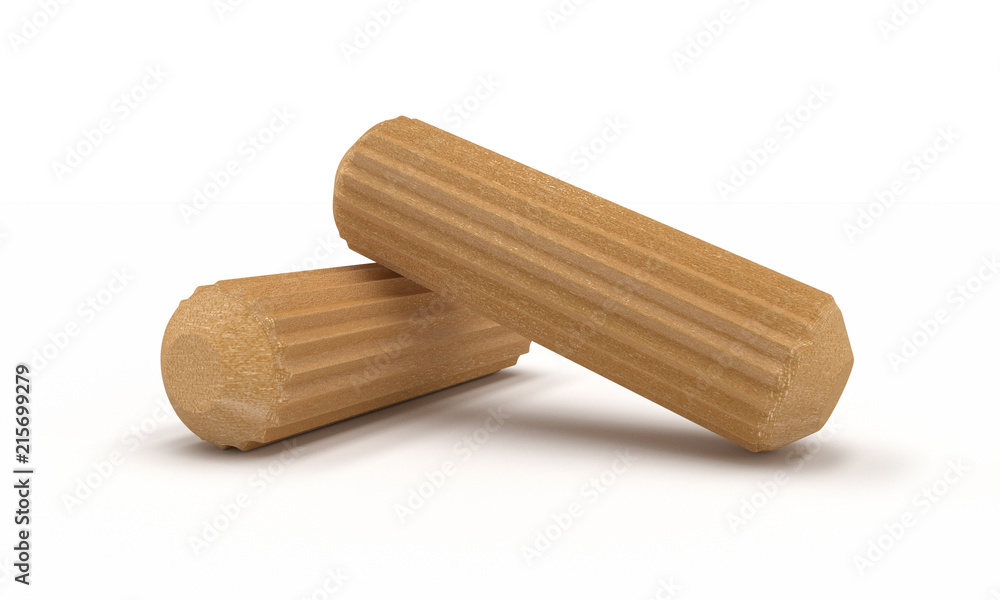 3D realistic render of two wooden dowel. Isolated on white background. 3D realistic render of two wooden dowel. Isolated on white background.