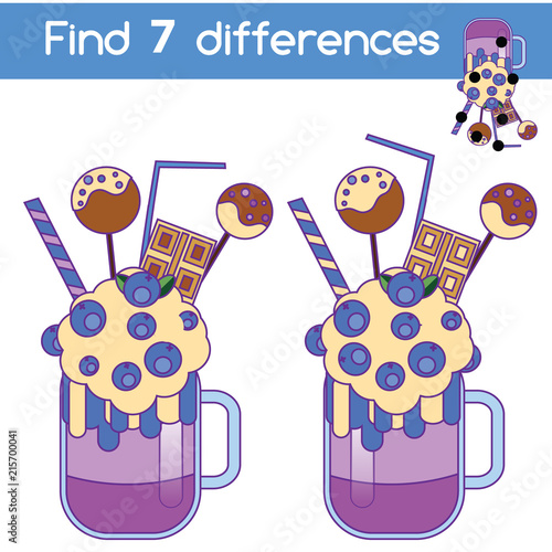 Find the differences educational children game. Kids activity sheet with milkshake
