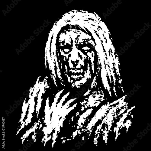 Awful witch with bony hand. Vector illustration.