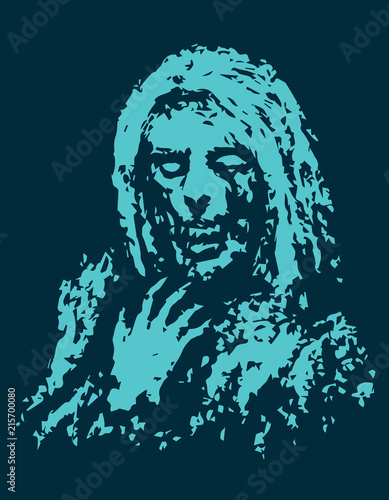 Awful witch with bony hand. Vector illustration.