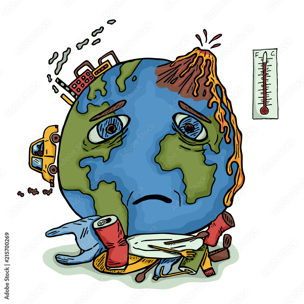 Hand drawn Earth with sad face. Ecological concept of global