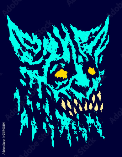 Scary head of horned demon with protruding fangs. Vector illustration.