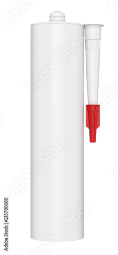 3D realistic render of single clean blank sealant, cement, glue, silicon tube, isolated on white background. Red lid.