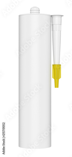 3D realistic render of single clean blank sealant, cement, glue, silicon tube, isolated on white background. Yellow lid.