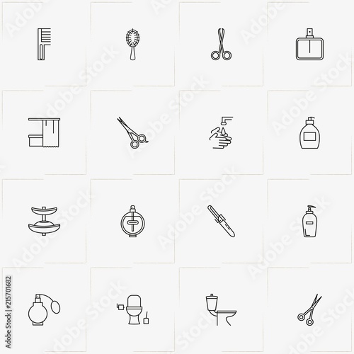 Bathroom line icon set with faucet, liquid soap and nail file