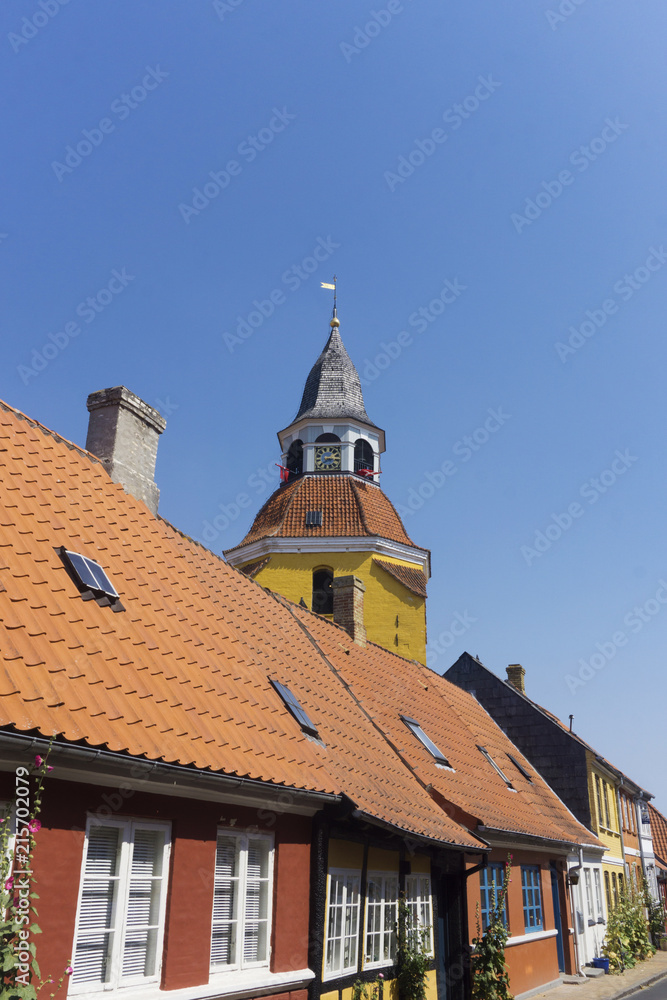 Historic tower and buildings in the town of Faaborg in Denmark