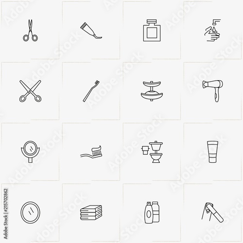 Bathroom line icon set with bidet, mirror  and shampoo