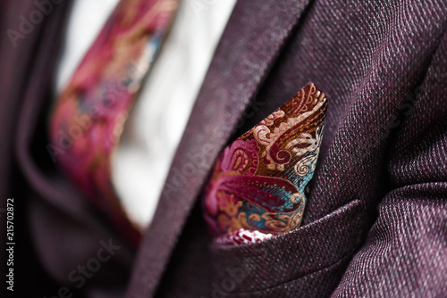 Cuadro en lienzo Man in suit, plaid texture, bow tie and pocket square, close up white background