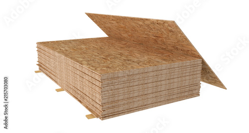 3D render of stack OSB boards. Isolated on white background.