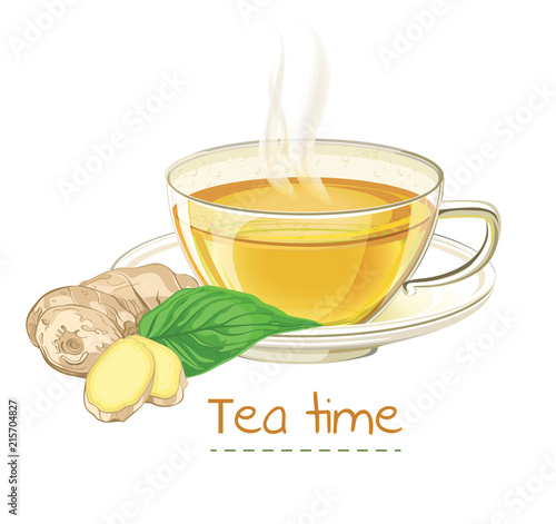 Vector illustration of a fresh ginger root, leaves and cup of tea. Vector icon isolated on white. 