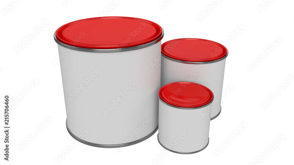 3D realistic render. Composition of three isolated paint can with red lid. Big, medium and small. Design template. 3D realistic render. Composition of three isolated paint can with red lid. Big, medium and small. Design template.