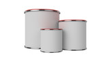 3D realistic render. Composition of three isolated paint can with red lid. Big, medium and small. Design template.