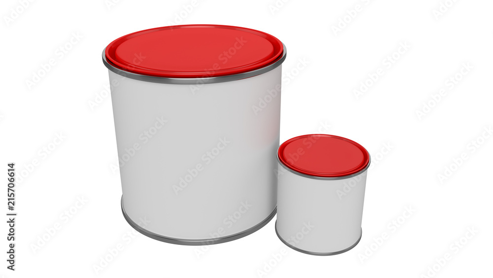 3D realistic render. Composition of two isolated paint can with red lid. Big and small. Design template. 3D realistic render. Composition of two isolated paint can with red lid. Big and small. Design template.