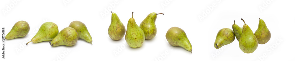 Panoramic view of the pears on a white background. Composition of pears on a white background. Panoramic view of the pears on a white background. Composition of pears on a white background.
