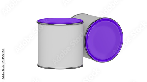 3D realistic render. Composition of two isolated paint can with purple lid. Design template.