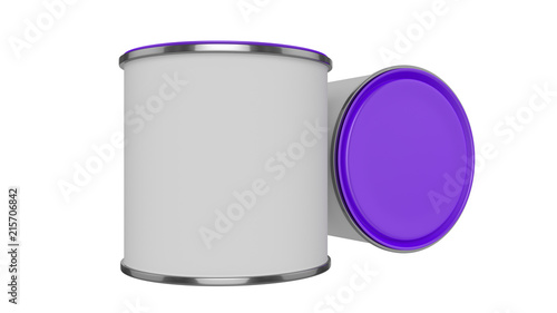 3D realistic render. Composition of two isolated paint can with purple lid. Design template.